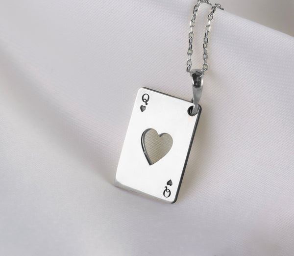 queen of heart silver pendant necklace, gifts for her, gifts for queens, gifts for valentines, real gold playing card charm, queen silver card pendant necklace