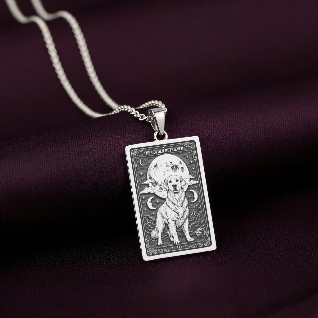 A striking 925 sterling silver Golden Retriever charm. The art shows the soulful dog, a meaningful piece of celestial jewelry for a pet owner.