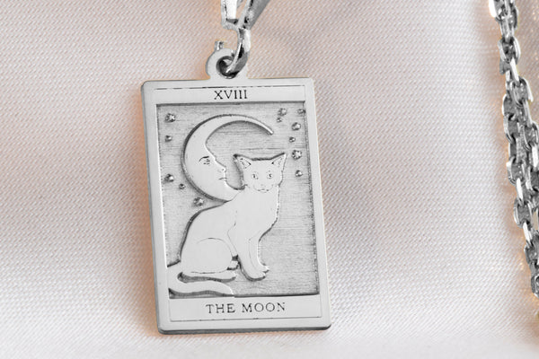 14K Solid Gold The Moon Tarot Card Necklace, Tarot Reading Rectangle Charm, Dainty Tarot Moon Charm, The Moon Necklace