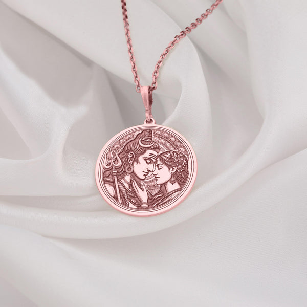 rose gold lord Shiva and Goddess Parvati pendant necklace, in a loving embrace. The design showcases divine symbols like Shiva s trident and their serene expressions, symbolizing the eternal bond of love and spirituality in Hindu mythology