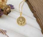 Cleopatra Pendant Necklaces 14K 14K Gold Plated round pendant with engraved classical face design necklace