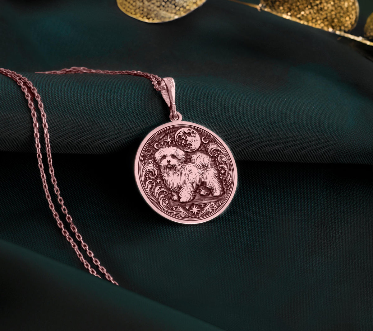 Rose Gold Plated Maltese necklace, featuring a starry background and a fluffy dog design. Ideal for those who adore their small dogs with style.