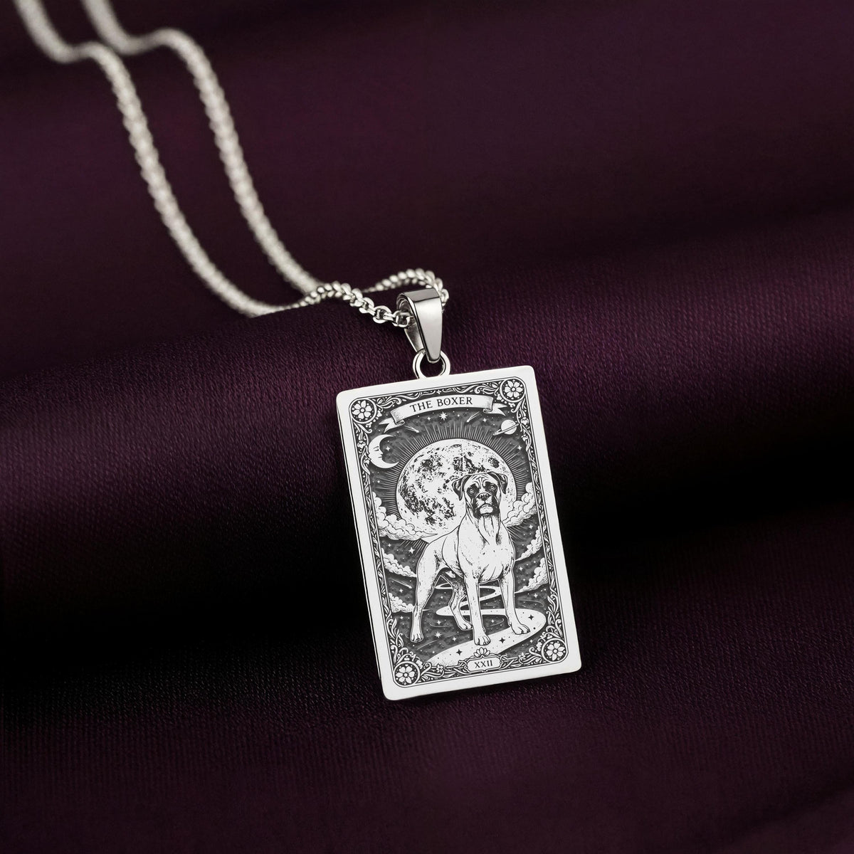 A striking 925 sterling silver Boxer charm. The art shows the loyal guardian, a meaningful piece of celestial jewelry for a pet owner.