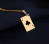 Queen of Club solitaire gold necklace playing card. club symbols and the iconic &quot;Q&quot; in the top left and bottom right corners. the Queen of Clubs, a symbol often linked to intuition, creativity, and power in the world of playing cards.