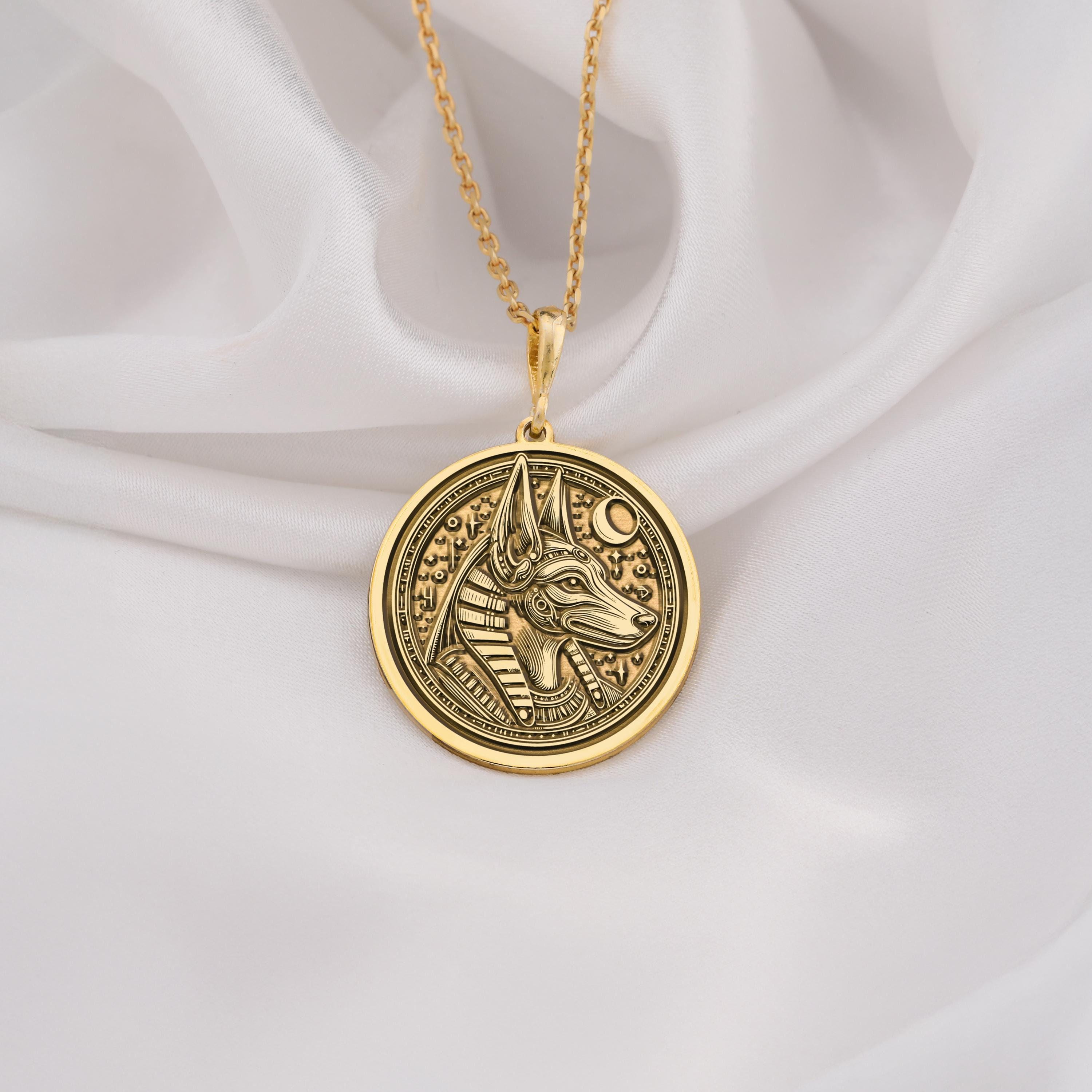 14K Gold Anubis Necklace featuring the ancient Egyptian god Anubis. Elegant and symbolic pendant jewelry, perfect for men and women. A timeless mythology-inspired accessory crafted in solid gold for everyday wear or gifting.