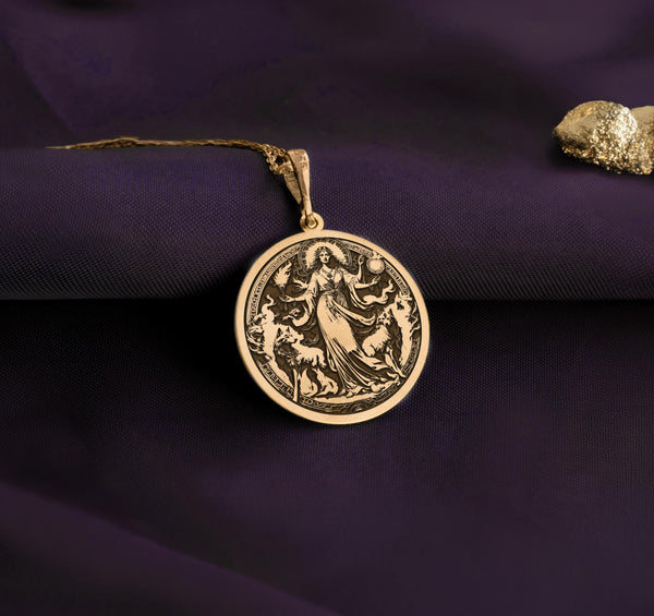 Gold Hecate charm pendant featuring the triple goddess symbol, embodying magic, wisdom, and transformation. This powerful amulet channels lunar energy, intuition, and divine protection, making it ideal for spiritual seekers, witches, and goddess worshippers. Inspired by ancient mythology, it represents crossroads, the moon, and mystical power. A meaningful gift for those drawn to esoteric knowledge, Wicca, and the divine feminine, enhancing connection to spiritual guidance and protection.