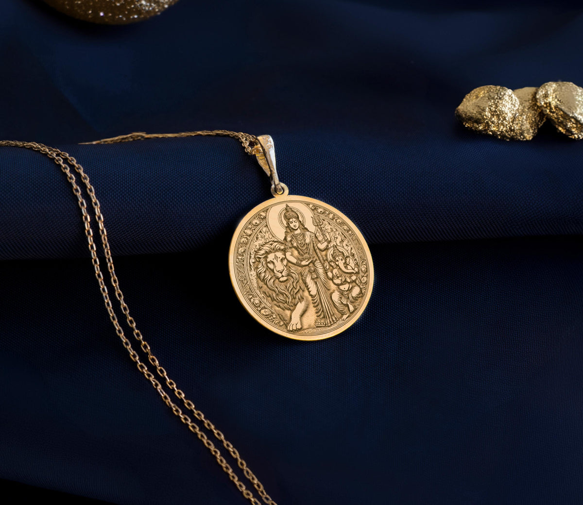 Parvati Goddess Necklace, Hindu Family Necklace, Lion Symbol Gold Pendant, Sacred Parvati Ganesha Necklace, Golden Hindu Necklace, Parvati Ganesha 
Hindu Goddess and God Necklace, Gold Hindu Deity Necklace, Gold Parvati Medallion