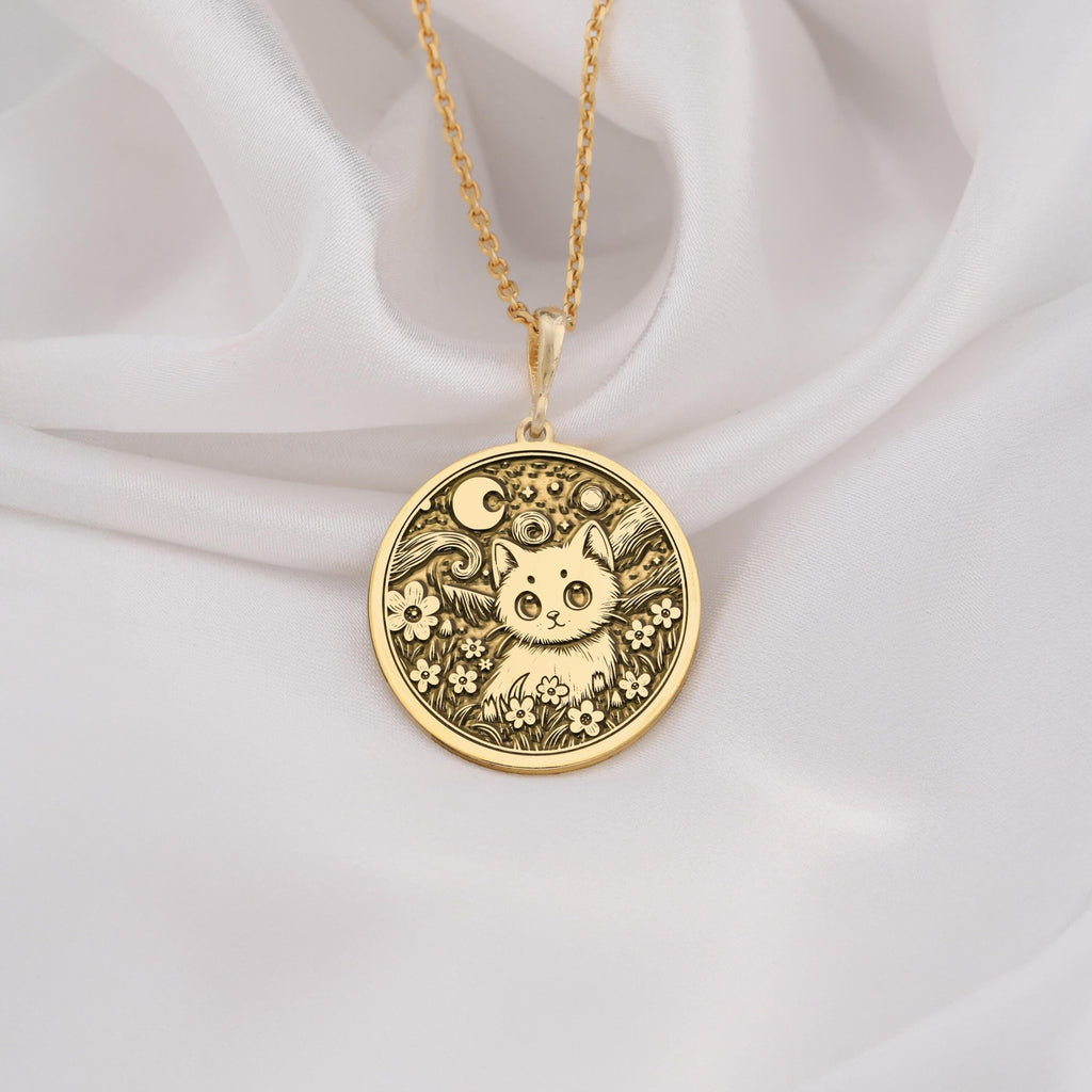 14k gold cat pendant inspired by Van Gogh’s art, featuring intricate details and a charming feline motif. Perfect as a gift for cat lovers, art enthusiasts, or anyone who loves unique, handmade jewelry.