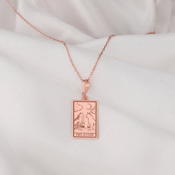 14 K Solid Gold Two of Cups Tarot Card Necklace, Two of Cups Silver Charm Pendant, Tarot Gift For Couple, Gifts for her on Valentine's