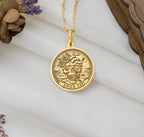 Gold Amor Fati coin pendant necklace, symbolizing resilience and acceptance. This dainty, handcrafted charm suits daily wear or layering. A unique 14k gold gift, lightweight and boho-inspired, blending minimalist elegance with the philosophy