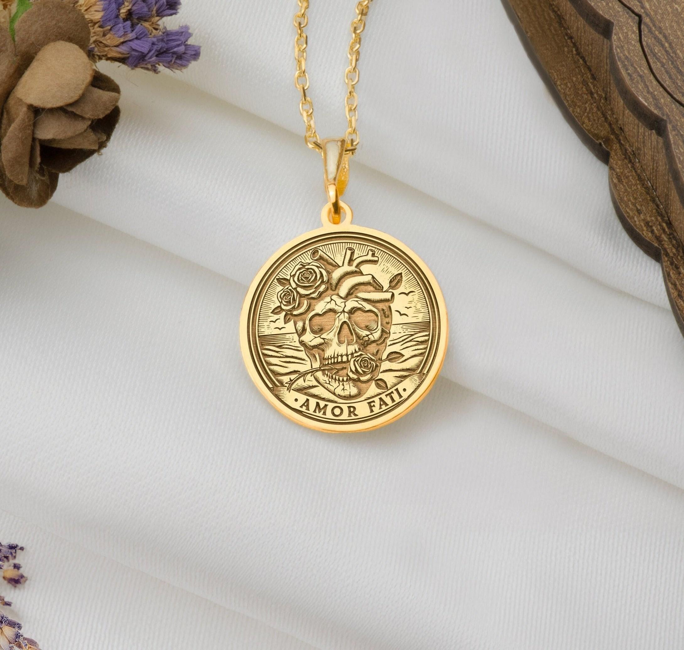 Gold Amor Fati coin pendant necklace, symbolizing resilience and acceptance. This dainty, handcrafted charm suits daily wear or layering. A unique 14k gold gift, lightweight and boho-inspired, blending minimalist elegance with the philosophy