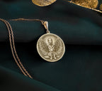 14K Gold Plated German Shepherd Angel Dog Medallion with memorial symbolism. Detailed working breed angel pendant with wings, halo and radiant elements. Elegant rainbow bridge jewelry gift representing eternal bond with departed GSD companion.