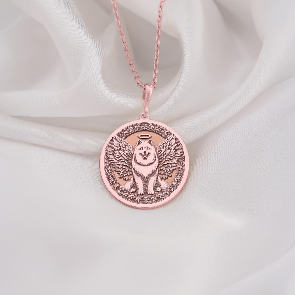 Rose Gold Plated Samoyed Angel Dog Medallion featuring beloved arctic breed with heavenly wings and halo. Elegant memorial jewelry with detailed fluffy white coat and ornate decorative border. Warm-toned rainbow bridge talisman for Samoyed loss.
