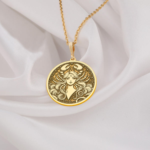 Cancer zodiac Sign Woman Necklace 14K Solid Gold. Zodiac necklace featuring intricate celestial design, perfect for astrology lovers. Ideal birthday or special occasion gift for Cancer sign women. Timeless gold astrology jewelry.