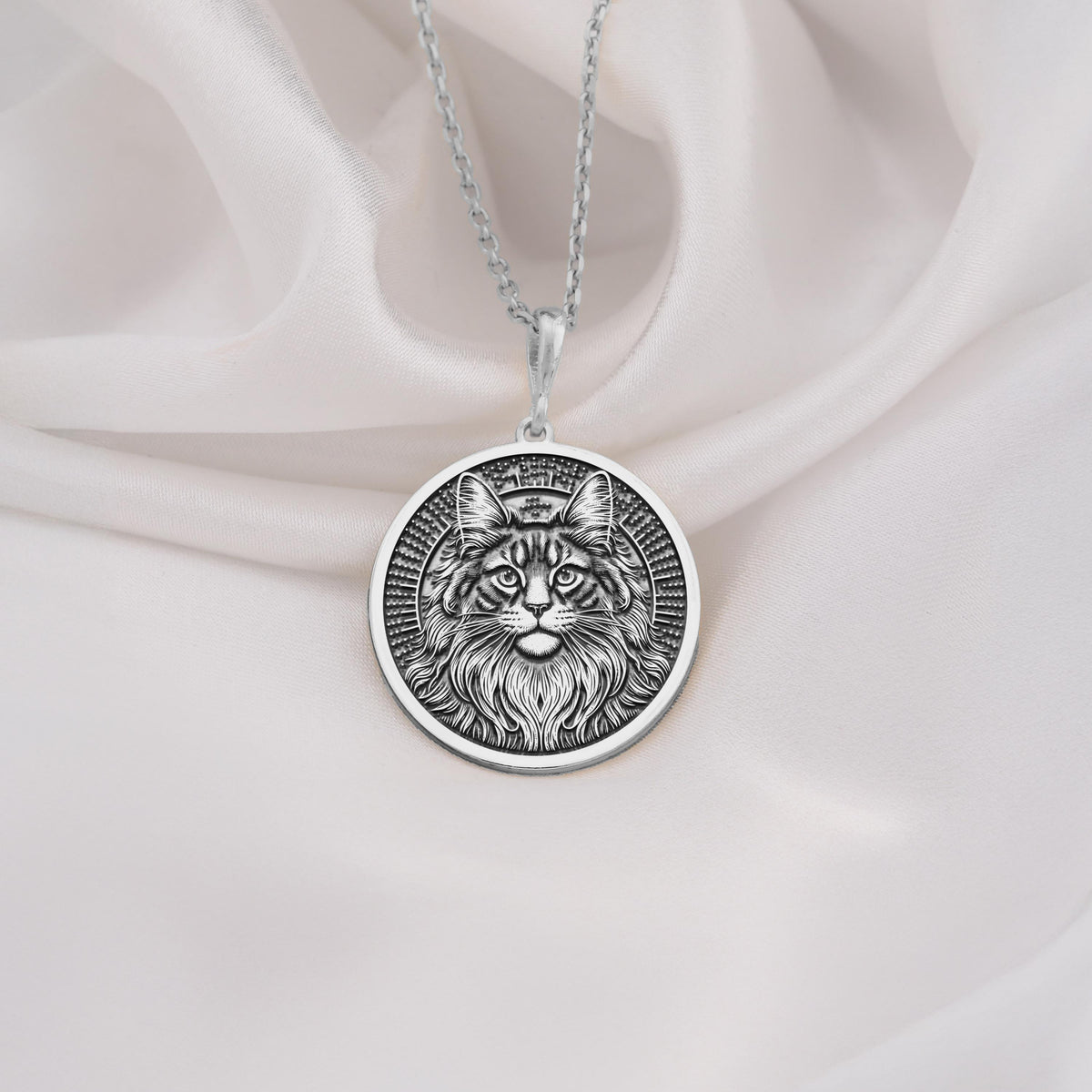 Maine Coon Cat Spirit Animal Medallion Necklaces 925 925 Sterling Silver engraved cat face pendant necklace on white fabric
