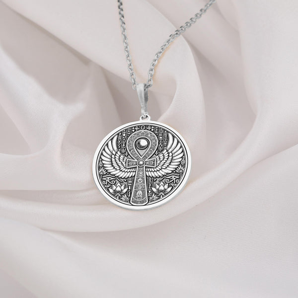 Sterling Silver Ankh Necklace showcasing an Egyptian life symbol pendant with winged details. Handmade spiritual jewelry, perfect for him, her, or any Egypt lover. Elegant silver charm for daily wear or as a thoughtful gift.