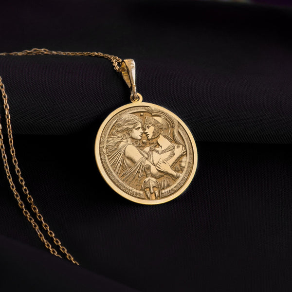 Gold Antiope and Theseus double venus necklace pendant, mythology-inspired jewelry with intricate detailing, symbolizing love, strength, and timeless passion.