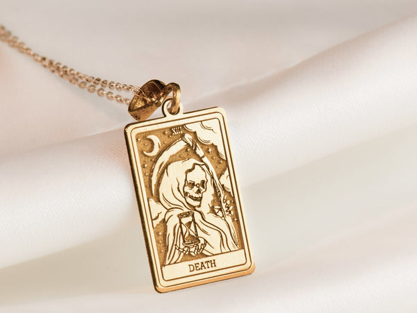 Death Tarot Card Gold Charm Necklace include, Death Tarot Necklace, Tarot Card Jewelry, Transformation Pendant, Mystical Charm Necklace, Symbolic Jewelry,
