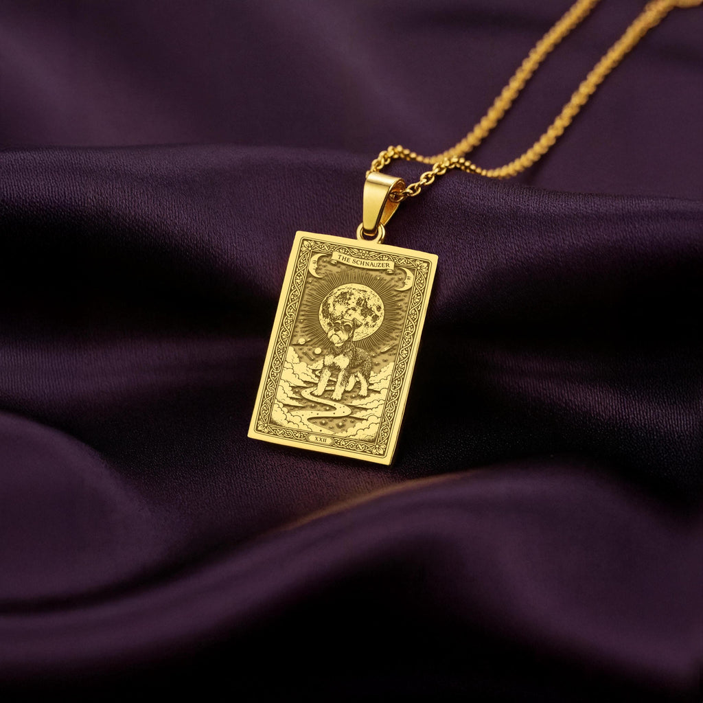 A polished 14K solid gold Schnauzer medallion. This fine pet jewelry represents the breed's intelligent spirit, making it a perfect Schnauzer lover gift.