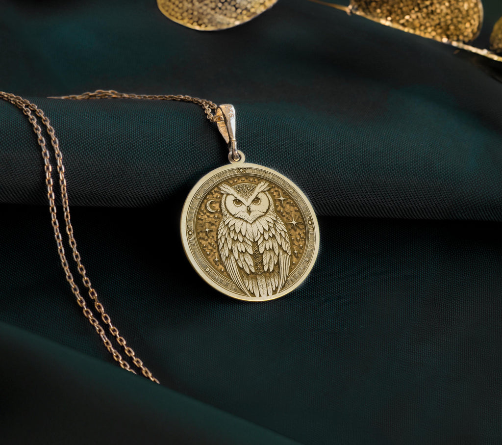 14K Gold Plated Owl Medallion Pendant featuring wisdom symbol on circular design. Affordable luxury jewelry with detailed owl carving, expressive eyes and textured background. Perfect spiritual gift with ancient meaning.