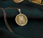 14K Gold Plated Owl Medallion Pendant featuring wisdom symbol on circular design. Affordable luxury jewelry with detailed owl carving, expressive eyes and textured background. Perfect spiritual gift with ancient meaning.