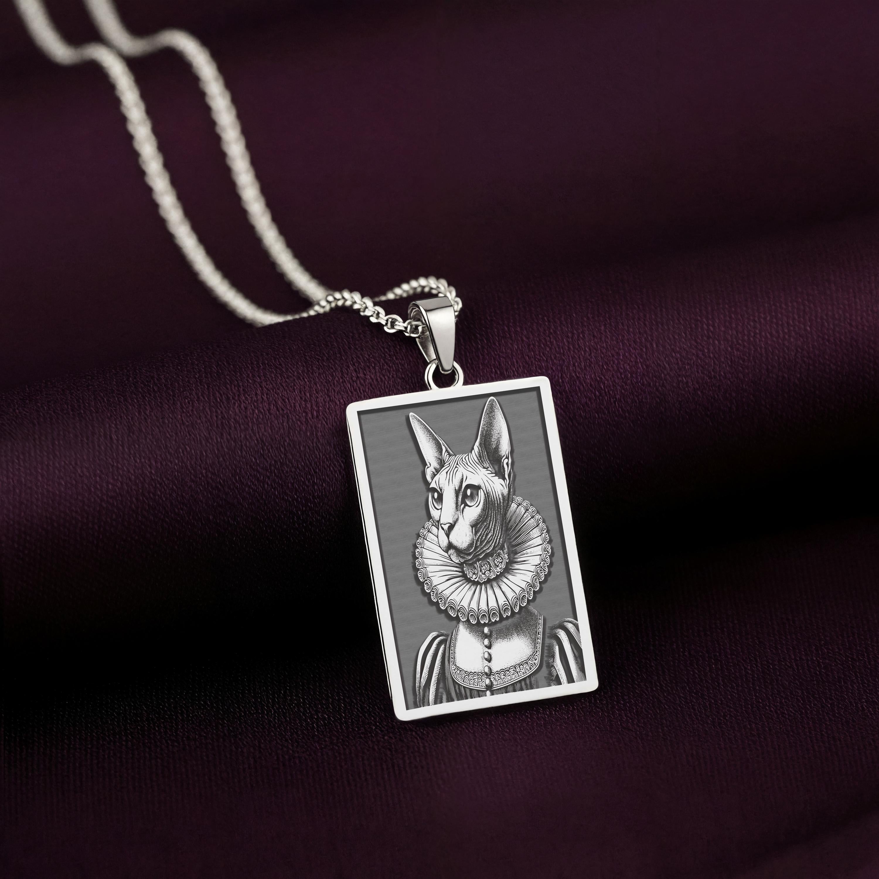 Sharp, detailed laser engraving of a Sphynx cat queen on a minimalist 925 sterling silver tag necklace, a perfect gothic accessory.