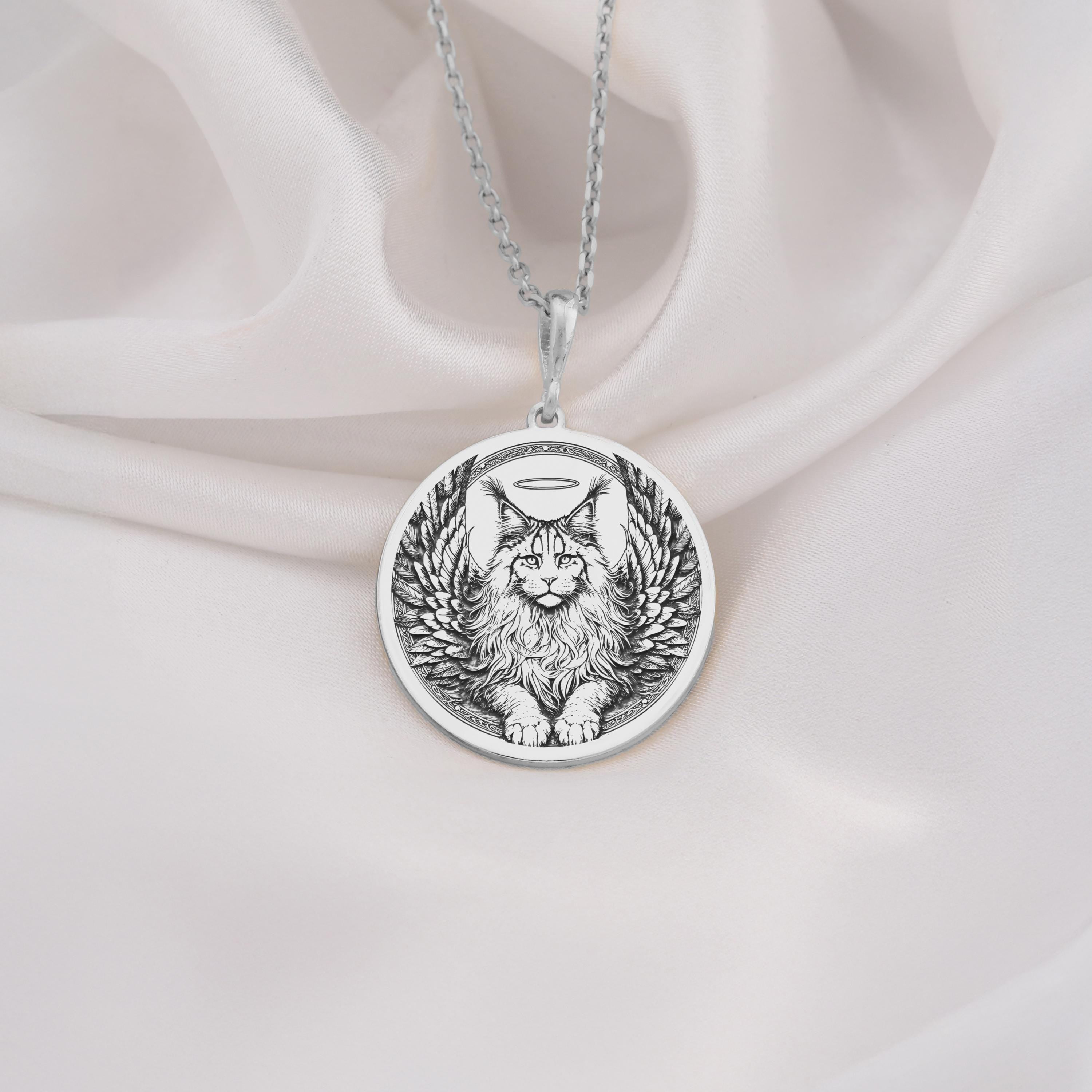 925 Sterling Silver Maine Coon Angel Cat Medallion showcasing beloved large breed with angel wings and heavenly halo. Detailed memorial coin pendant with fluffy coat and ornate feathers. Premium Maine Coon loss jewelry symbolizing eternal love.