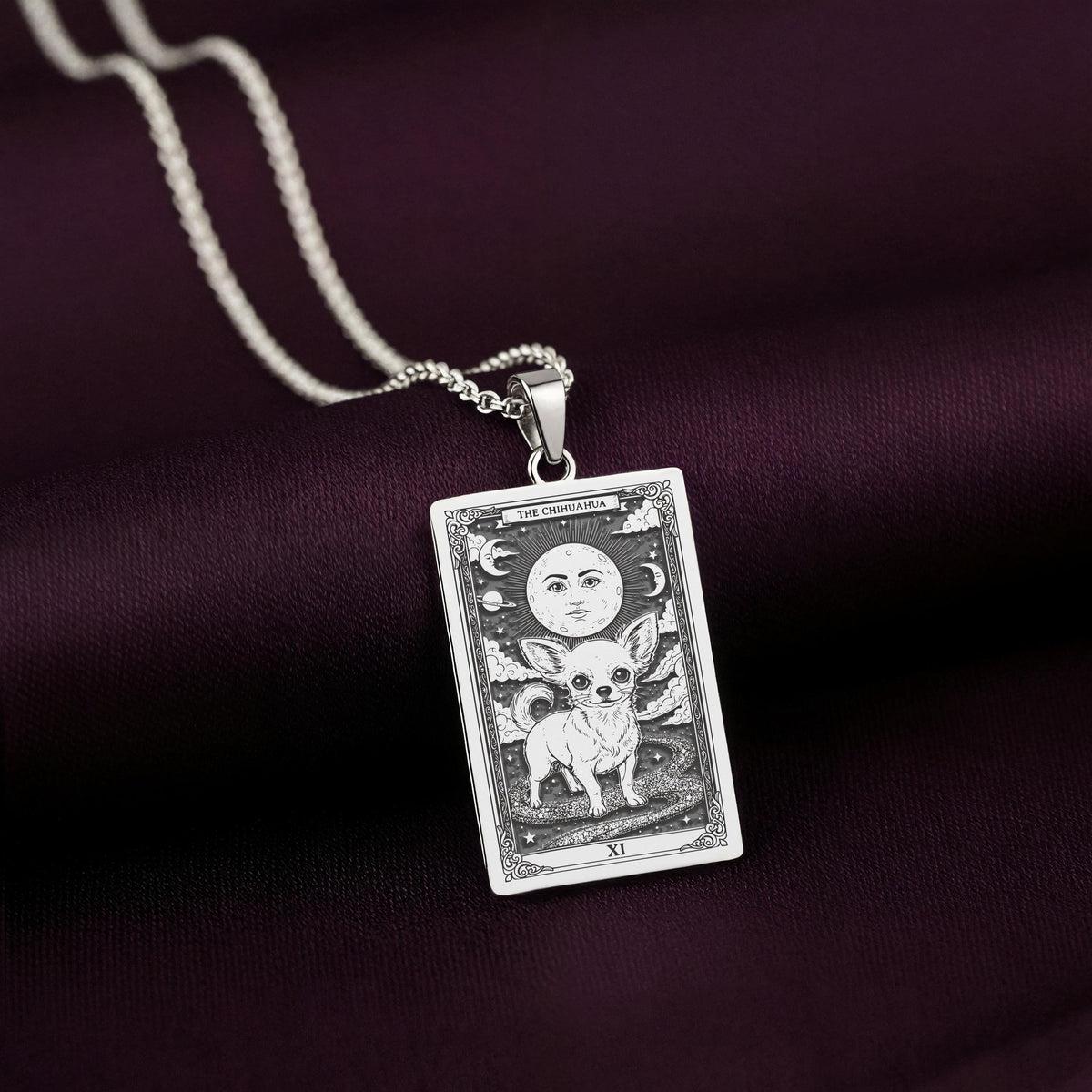 A striking 925 sterling silver Chihuahua charm. The art shows the tiny-but-mighty dog, a meaningful piece of celestial jewelry for a pet owner.