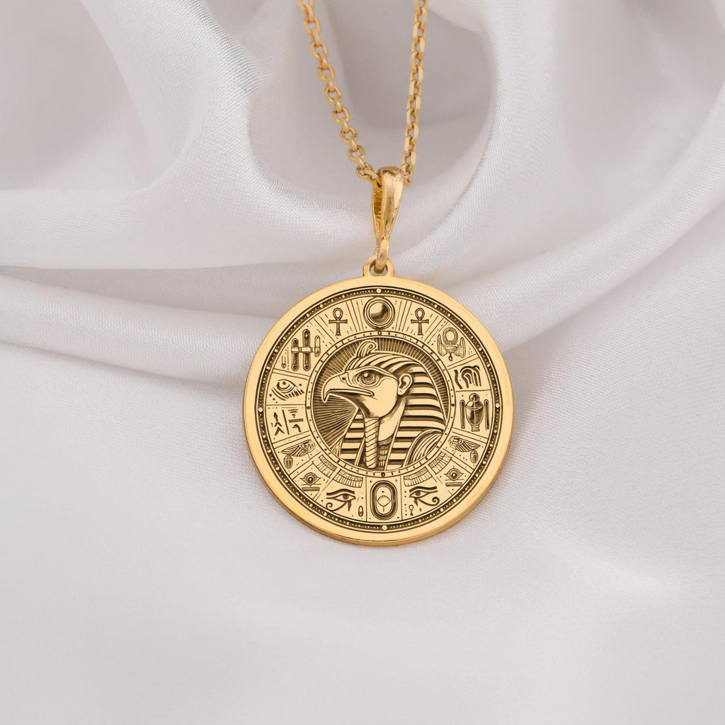 14k Gold Eye of Horus Coin Pendant, mystical ancient Egypt amulet for protection and power, handmade dainty jewelry for women and men, available in gold, silver, and rose gold, disc medallion, perfect gift idea.
