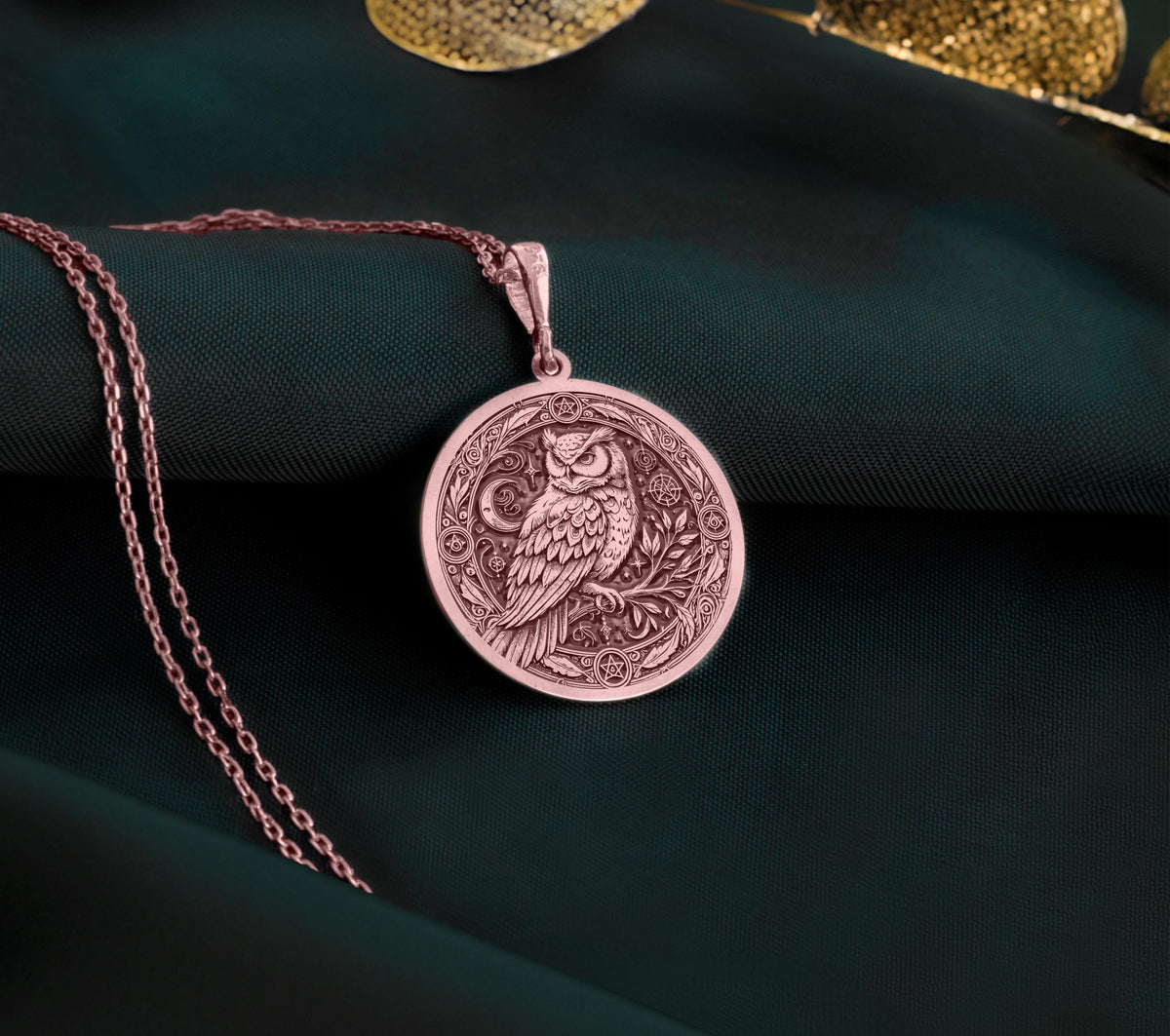 Rose Gold Plated Owl Pentagram Pendant with magical wisdom design. Warm-toned occult medallion with detailed bird of wisdom and protective star symbols. Pagan jewelry celebrating intuitive knowledge, perfect for witchcraft enthusiasts.