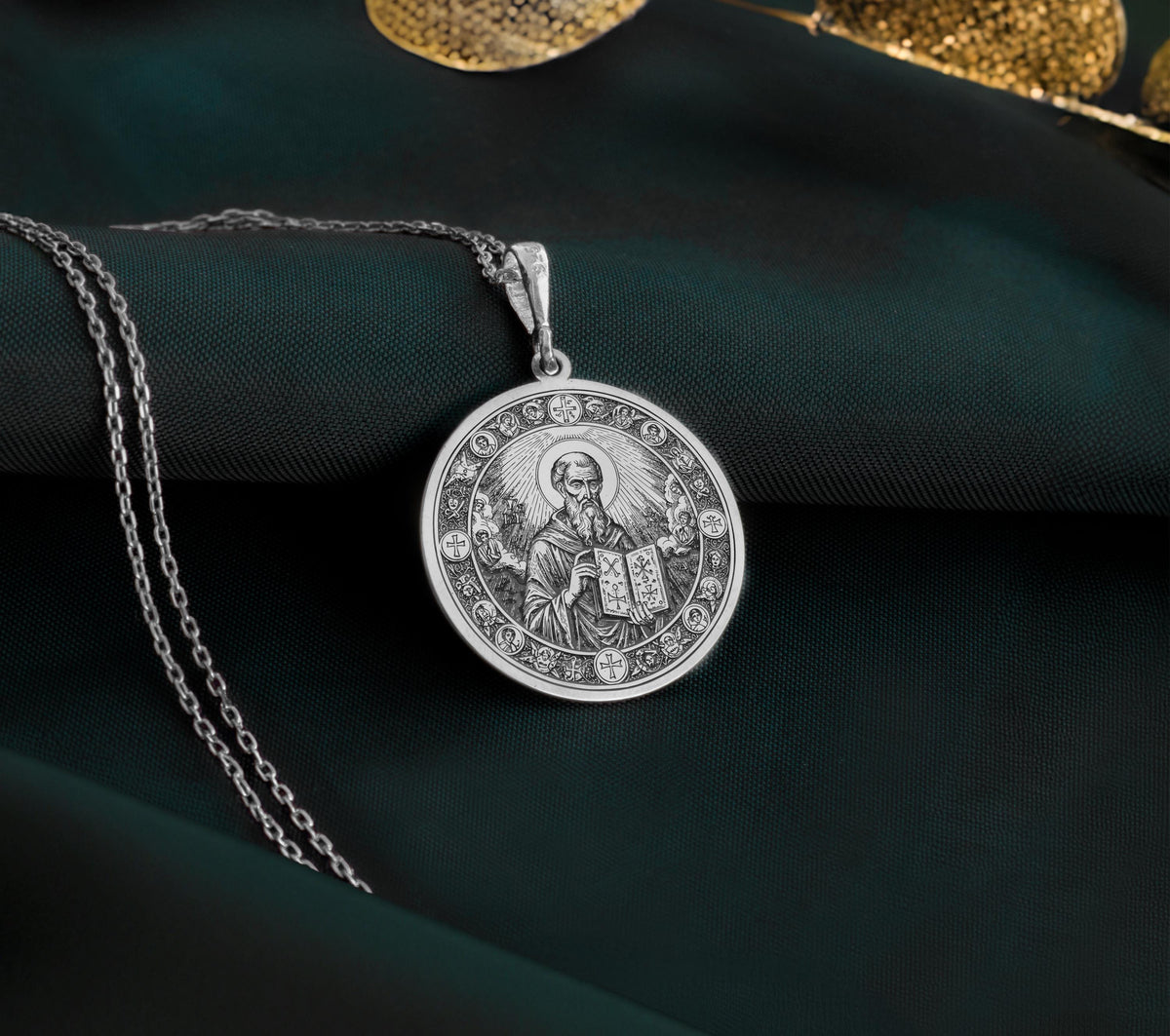 Sterling Silver Saint Dionysius Areopagite Pendant with detailed Orthodox design. Handcrafted silver coin charm featuring Christian saint with holy book and sacred elements. Religious jewelry celebrating Orthodox faith and divine guidance.