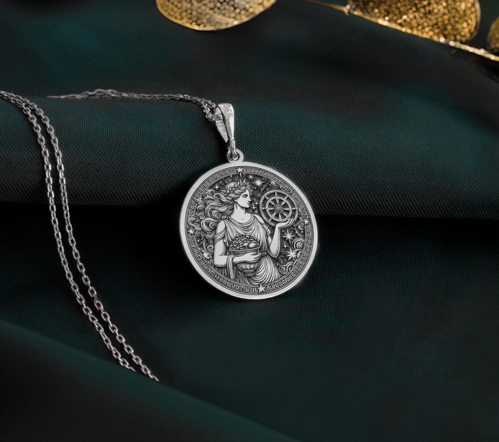 Sterling Silver Greek goddess Tyche pendant, engraved with celestial details. A timeless mythology coin necklace, perfect as a lucky charm or silver astrology medallion for history and spirituality lovers.
