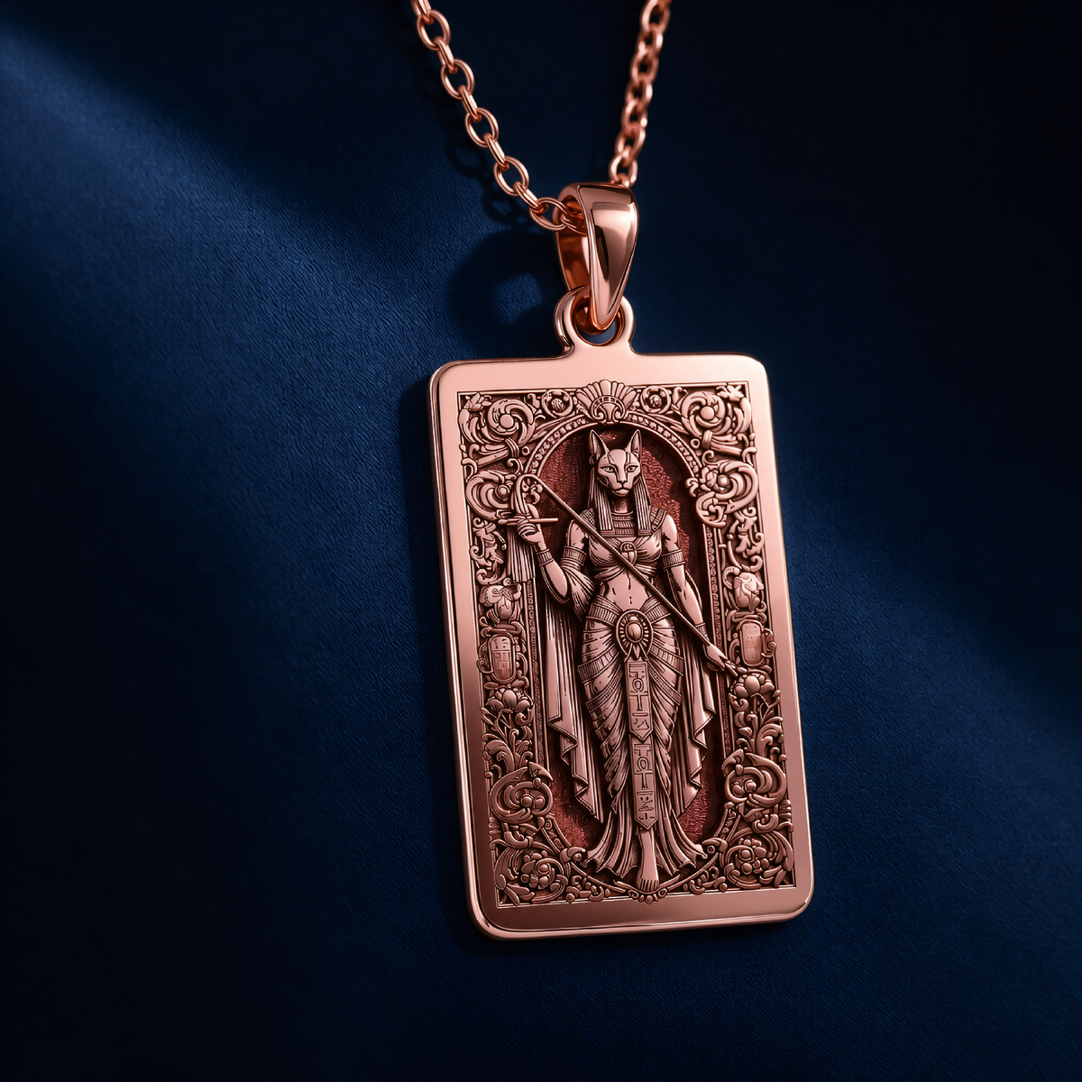 Bastet Goddess Egyptian Cat Pendant in a polished rose gold finish.