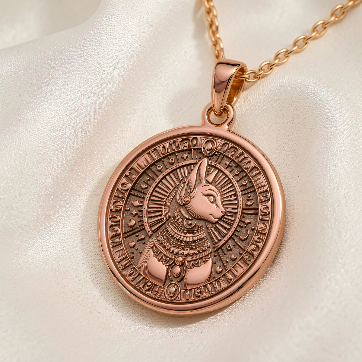 Bastet Pendant | Silver & Plated Options - Egyptian Mythology Protection Amulet - 14K Rose Gold Plated Front View