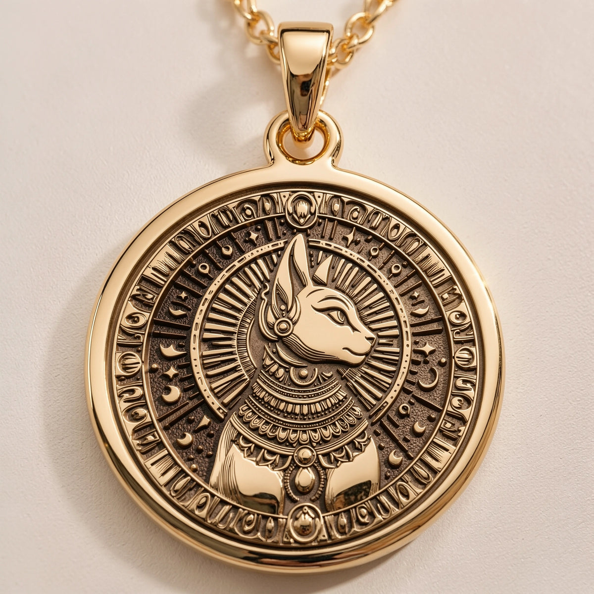 Gold plated pendant featuring a detailed design of Bastet's head with intricate details and a circular border, viewed from the front. It is attached to a gold chain.