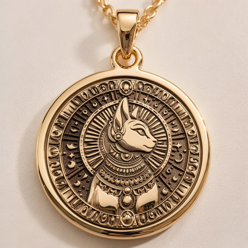 Gold plated pendant featuring a detailed design of Bastet's head with intricate details and a circular border, viewed from the front. It is attached to a gold chain.