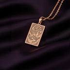A custom rose gold plated Dog Lover tarot necklace. This piece is a perfect gift, honoring the loyal and active Portuguese Water Dog.