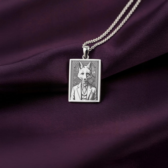 A striking 925 sterling silver tarot card pendant of a Victorian fox. This piece of whimsical jewelry is inspired by literary characters like Reynard the Fox.