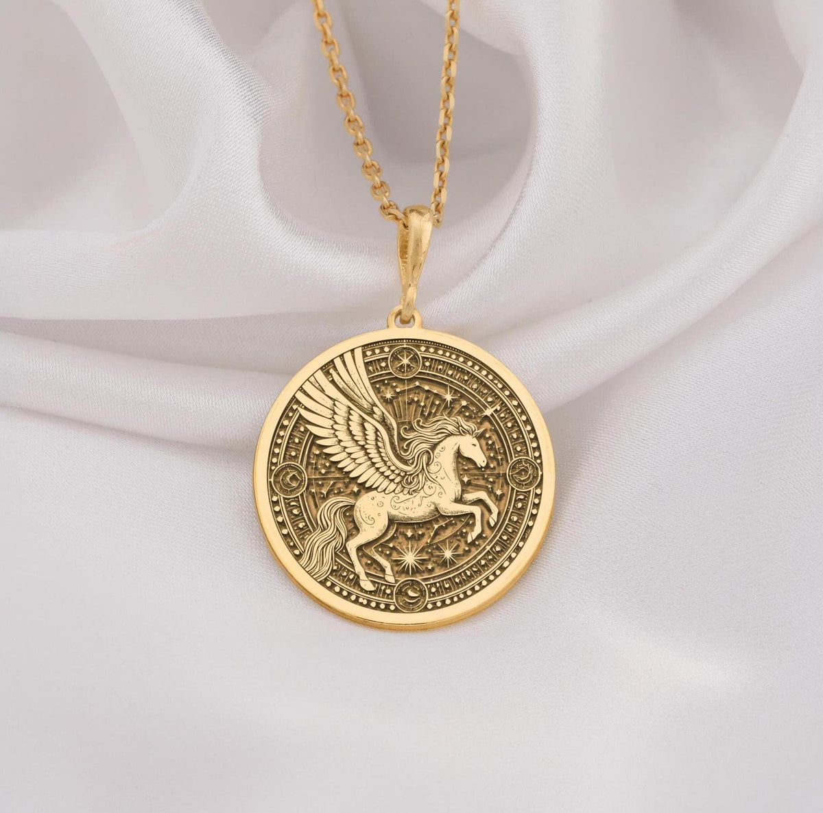 14K Gold Pegasus Necklace with a stunning winged horse medallion design, perfect for mythology lovers and celestial jewelry enthusiasts. Ideal gift for special occasions like birthdays, anniversaries, or holidays.