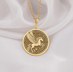 14K Gold Pegasus Necklace with a stunning winged horse medallion design, perfect for mythology lovers and celestial jewelry enthusiasts. Ideal gift for special occasions like birthdays, anniversaries, or holidays.