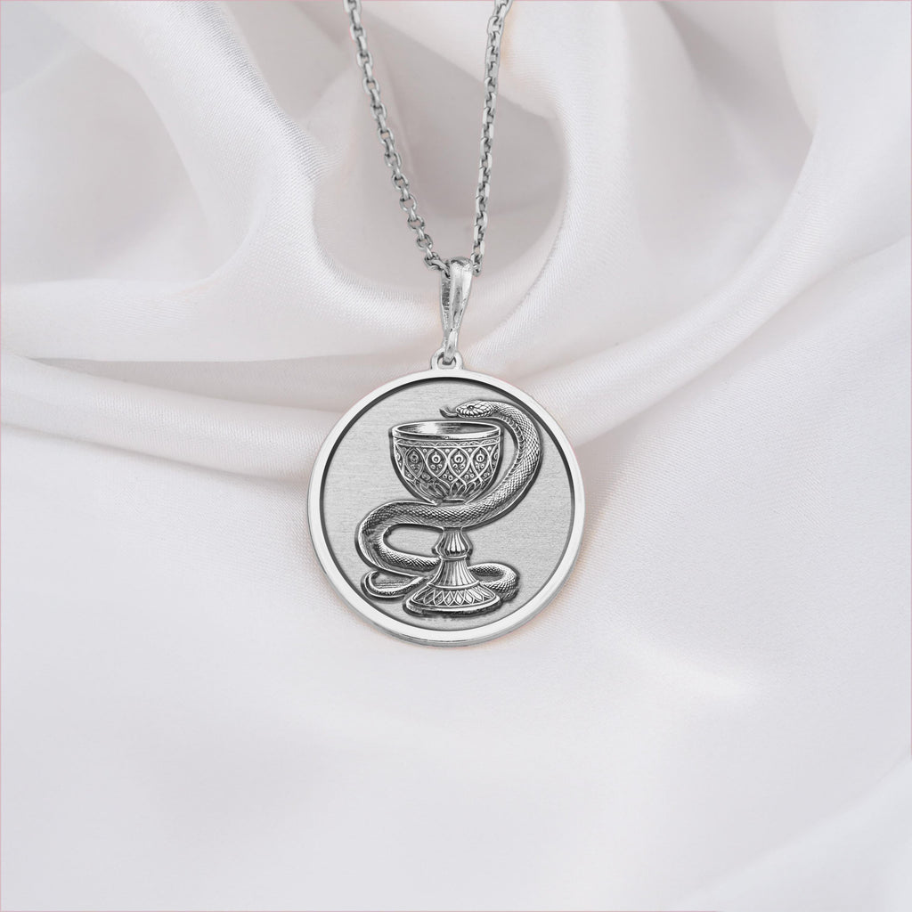 Silver Pharmacy Necklace, Healing Serpent Pendant, Bowl of Hygieia Symbol, Silver Medical Jewelry, Snake and Cup Necklace, Pharmacist Gift, Apothecary Silver Pendant, Silver Health Charm, Medical Necklace, Pharmacy Graduation Gift, Health Jewelry.