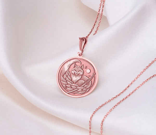 14K Solid Gold Kitsune Fox Charm Necklace, Kitsune Fox Silver Pendant, Japanese Fox Jewelry Mythology Pendant, Kitsune Mystic Fox Necklace