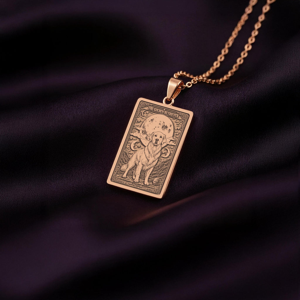 A custom rose gold plated Dog Lover tarot necklace. This piece is a perfect gift, honoring the pure heart of the Golden Retriever.