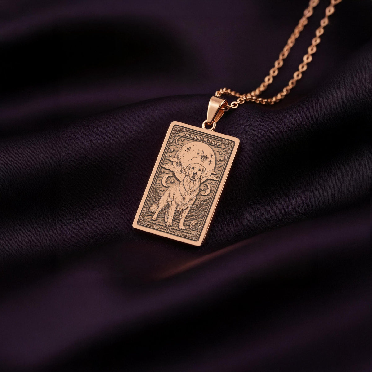 A custom rose gold plated Dog Lover tarot necklace. This piece is a perfect gift, honoring the pure heart of the Golden Retriever.