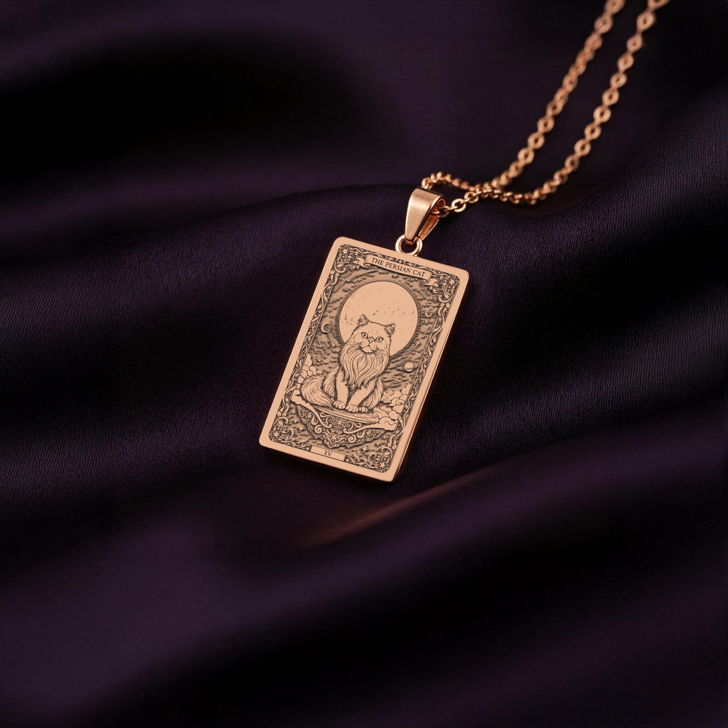 A custom rose gold plated Cat Lover tarot necklace. This piece is a perfect gift, honoring the calm and loving Persian cat.