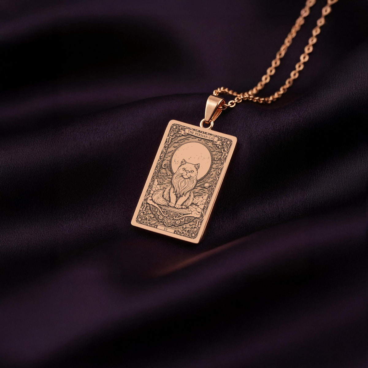 A custom rose gold plated Cat Lover tarot necklace. This piece is a perfect gift, honoring the calm and loving Persian cat.