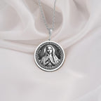 925 Sterling Silver Medjugorje necklace with Queen of Peace engraving. A classic silver spiritual Mary pendant for devotion and hope.
