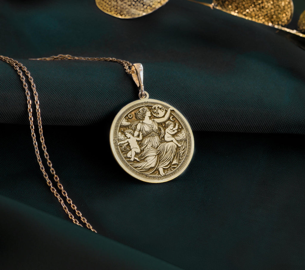 Leto Necklace in 14K Gold Plated, Greek Goddess Coin Pendant, Feminine Mythology Jewelry, Elegant Gold Charm, Unique Gift for Mom & Myth Lovers