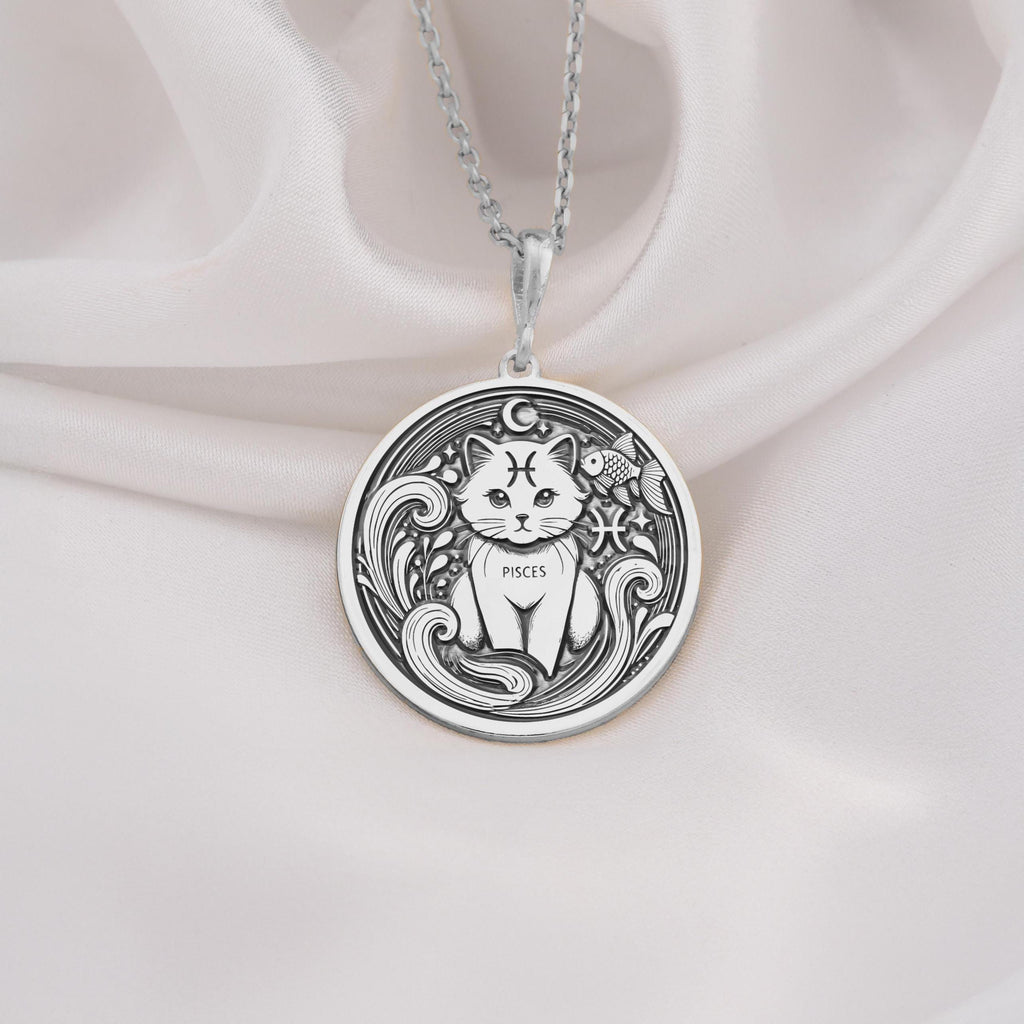 Sterling silver Pisces Zodiac necklace with a detailed cat-themed pendant. Handcrafted astrology jewelry, perfect for women, Pisces birthdays, horoscope lovers, and minimalist personalized gifts.
