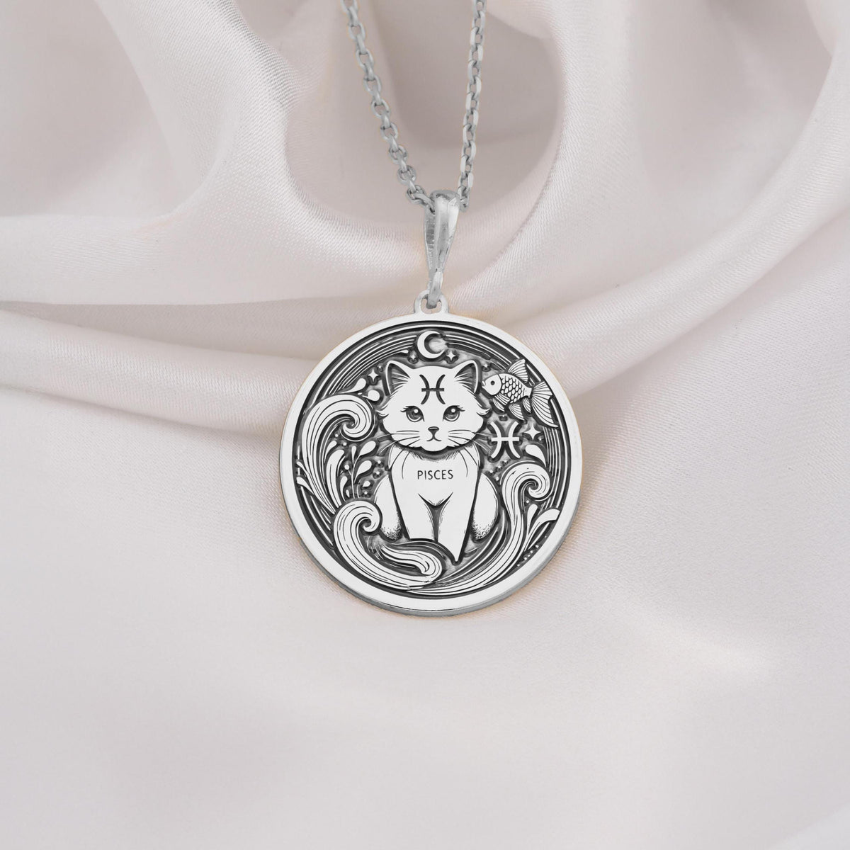 Sterling silver Pisces Zodiac necklace with a detailed cat-themed pendant. Handcrafted astrology jewelry, perfect for women, Pisces birthdays, horoscope lovers, and minimalist personalized gifts.